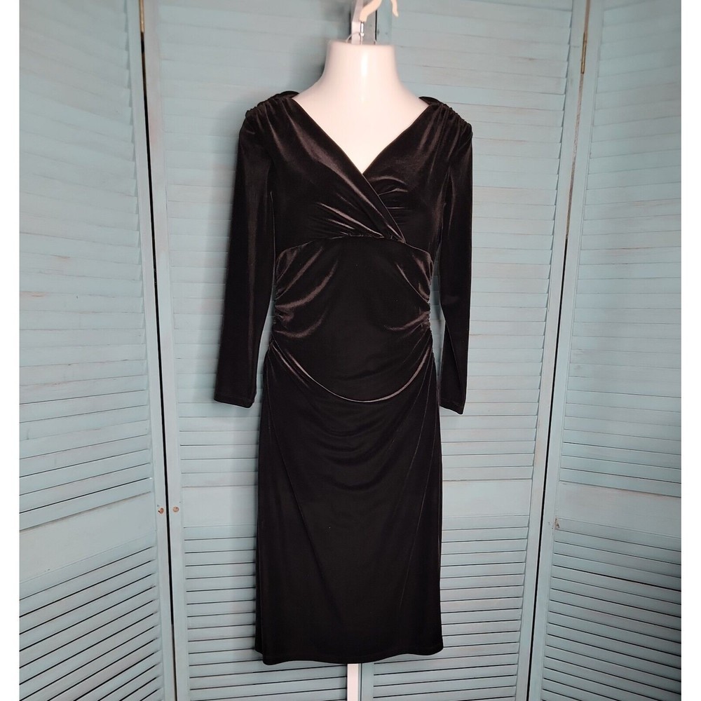 New Chaps Sheath Ruched Midi Velveteen Dress ~ Black ~ Sz 10 ~ Long Sleeve